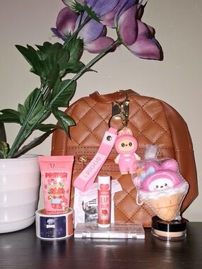 Quilted Brown Women's Backpack with Pink Charm Keychain,  Makeup Treats
